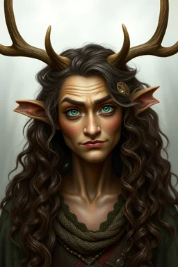 A fantasy druid with antlers, olive toned skin, long brown curly hair, green eyes, Quirky face, Photorealistic style
