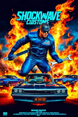 "Design a 90s-style action movie poster titled 'Shockwave Customs' with a blue theme and flames. Feature a super heroic mechanic in the foreground, fiercely battling thousands of adversaries with a spanner. In the background, show cars doing burnouts, creating a dynamic and intense scene. Capture the high-energy, gritty aesthetic of classic 90s action films. Prominently display the subtitle 'mmechanic negotiator' in bold, impactful lettering."