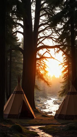 A Native American brown tents in the wood with a huge trees , river stream in the middle , behind the tree dim light of the sunset,