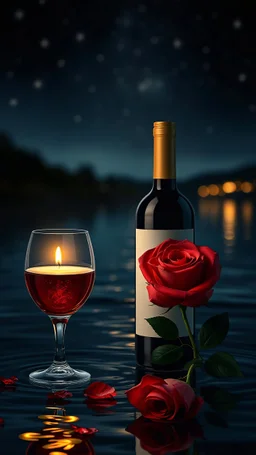 a glass, candle s on river water surface dark background with stars a bottle of wine and a rose and sparkling lights dots