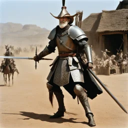 [high res photo by Ray Harryhausen] elder Don Quixote smiles, ready to fight with his tourney lance, in dust, rust and blood, his body is covered with cartridge belts