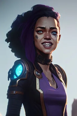 portrait,beautiful tessa thompson, smiling, long hair, post-apocalyptic in a cyberpunk city, realistic, intriacte detail, sci-fi fantasy armor style, volumetric lighting, particales,highly detailed,cinamatic, deep colours,8k