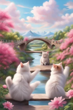 in the center: beautiful chunky cats dancing on a bridge , background: landscape, first plan: pink flowers and a small river with blue water, sky: white clouds with more cats sitting on them