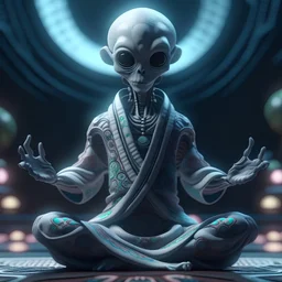 Alien wearing kimono doing yoga, intricate background, 8k octane rendered, unreal engine 5, high contrast, high resolution, cinematic lights, masterpiece, photorealistic, 3d