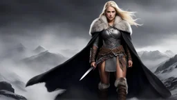 female barbarian warrior: long blonde braid cascades down, framing her striking features and generous curves. her grey dress hugs her body in all the right places, accentuating her strength and power. The dark cloak with a hood adds an air of mystery and intrigue to her presence. The solid and comfortable boots in leather and fur show her practicality and readiness for any adventure. The battle axe in one hand and the round wooden shield in the other speak to her fierce warrior spirit. The morni