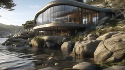 Building with organic design that blends into the rocky surroundings at the water's edge