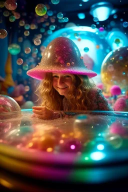 glitter exiting a space ship made of ice cream, smiling with beautiful shiny hair, each inside a pile of transparent jelly bubbles of weird colors, disco egg made of small mirror, light rayz, feast table ,shot on Hasselblad h6d-400c, zeiss prime lens, bokeh like f/0.8, tilt-shift lens 8k, high detail, smooth render, down-light, unreal engine, prize winning