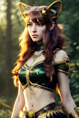 Druid character, young woman, cat ears, golden hair, long hair, golden eyes, scars, animal hide armor, waist up portrait, 4k resolution, intricate details, ornate details, soft lighting, vibrant colors, retroanime, masterpiece, intricate eyeliner, dark eyeshadow, eyes, intricate tattoos, natural background, fae, sidhe