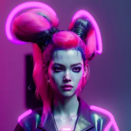 Pretty cyber woman, shot hair, sci-fi, sweet face, black, natural, pink, geisha style, symmetric plane, neon style, a lot of led lights, fog, rain, leather coat, vibrant color, highly detailed, art stations, concept art, smooth, unreal engine 5, god rays, ray tracing, RTX, lumen lighting, ultra detail, volumetric lighting, 3d, finely drawn, high definition, high resolution.