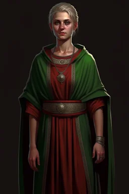 full length, tall, gangly, 22-year old, short haired, nordic looking grey-eyed female human cleric with a red beaded necklace, no earrings, dark green robes