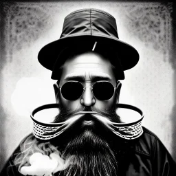 pencil Black and white Portrait of old fishermen sitting on a chair ,long beard, smoke coming out of Wooden Tobacco Smoking Pipe ,wearing a bucket hat, Cloudy background ,sunset, fantasy 8k by Van Gogh