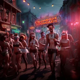 Ultra Realistic photo, medium shot view, drunken women, carnival scene, sexy steampunk. hair monster, Sunglasses, smoking, happy, hot. Cabaret background, highly detailed, concept art, unreal engine 5, ray tracing, RTX, lumen lighting, ultra detail, volumetric lighting, 3d, finely drawn, high definition, high resolution.