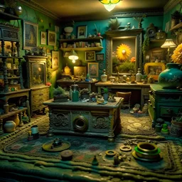 Diorama of old stuff in a room, sharp focus, 8k, 3d, very detailed, persons, volumetric light, grim, very colorful, ornate, 33mm, F/2.8, insanely detailed and intricate, hypermaximalist, super detailed, decadentism