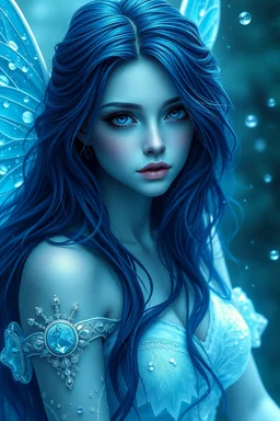 fantasy white female who is a water fairy, she has dark blue hair and deep blue eyes. she has water powers