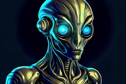 alien race, with metallic, intricately patterned skin resembling a live circuit board. His eyes glow with a soft blue light, and he's often seen in a jumpsuit covered in oil stains. toaster. comedic character on a spaceship