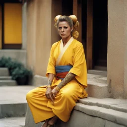 [very impressive high res masterpiece in Kodak Eastman 5247, bokeh scene by Stanley Kubrick] Elizabeth Montgomery, the Shaolin gangsta monk covered by tattoos, waiting outside in a yellow kimono on a stone doorstep. Her presence is striking, the tattoos on her knuckles adding to her intimidating aura. With a fierce glare, she menaces the camera with her two fists, each knuckle etched with intricate designs symbolizing her journey and battles fought.