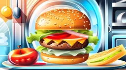 Real Illustration of a tasty Burger on a plate infront of fridge, fridge cleaner day