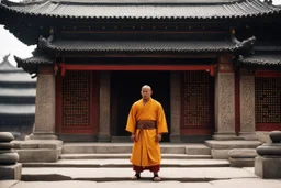 [very impressive high res masterpiece in Kodak Eastman 5247, bokeh scene by Stanley Kubrick] Shaolin gangsta monk waiting outside, in the doorstep of a stone temple