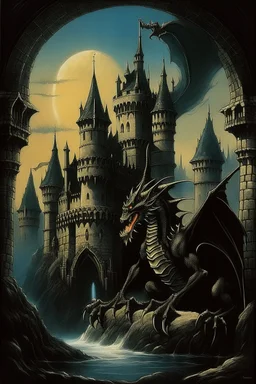 70s dark fantasy art, illustration of a black dragon in a castle