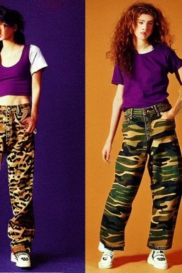 year 1996 denim fashion. Loose fit, "combat pants" with low waist, baggy, Combat pants and t-shirt. Colors: denim blue, blue, purple, khaki, light green, lilac, plum, orange, terracotta, red, pink, dark blue, beige. Women models. Patterns: Something between camouflage and cheetah prints, stripes.Something between camouflage and cheetah prints.Jennifer Lopez, Gwyneth Paltrow, . Big tennis shoes on. Cargo pants. street vs. grunge