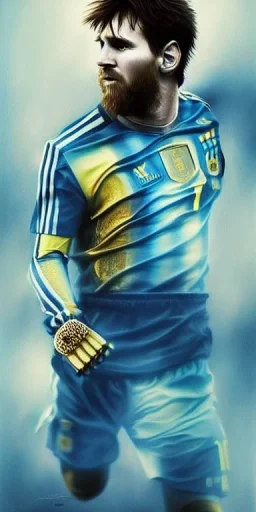 Insanely detailed portrait of messi in argentina jeesey wearing an infinity gauntlet bearing a world cup trophy emblem::perfect proportions::by Artgerm, Greg Olsen, Pixar, WLOP:: hyperrealistic, hyper detailed,photorealistic::a masterpiece,incredible composition,amazing depth, imposing,meticulously composed::Mappa studios::detailed matte painting,deep color,fantastical,intricate detail,splash screen,complementary colors,fantasy concept art, 8k reso trending on Artstation Unreal Engine