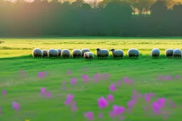 bucolic English countryside, peaceful sheep grazing in bright green grass, tiny colorful wildflowers Modifiers: extremely detailed bright studio setting 8k rose tones oil on canvas very attractive beautiful