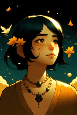 A girl with medium-length, black hair looks at the sky with sparkling eyes and has a necklace in the shape of a flower and a bird on her neck.
