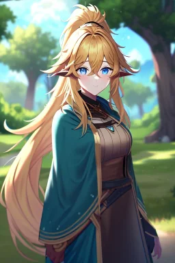 girl, masterpiece, best quality, cinematic lighting, detailed outfit, vibrant colors, perfect eyes, long hair, golden hair, blue eyes, ponytail, messy hair, hair between eyes, outdoors, depth of field, ray tracing, elf, trees,