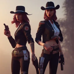 portrait of a male and female gunslingers, badass, two guns, black fedora, dark red eyes, fanatsy, si-fi, photo realistic, ultra realistic, 8k, correct anathomy, unreal engine 5