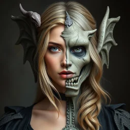 a portrait of a fantasy person. One half of their face is an attractive blonde woman, the other a gargoyle statue