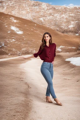 full body of very beautiful girl wearing pants and bluse ,skirt ,standing idle happy pose in studio pretty makeup