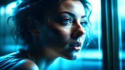 Photoreal magnificent neon vibes woman floating in a dream of extasy, as seen through a glass, by lee jeffries, photorealistic, bokeh masterpiece smooth shading, ultra detailed, high resolution, cinematic, unreal 6, subtle shadows, octane render, 8k, cinema 4d, HDR, dust effect, vivid colors