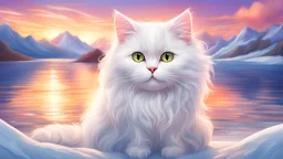 Draw me a cartoon style picture of a white cat with soft hair in a beautiful sea setting with snowy mountains and a beautiful sunset, and the picture appears in the form of a children's story in many colors.