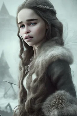 full portrait body, emilia clarke, viking clothes, colored makeup, 8k, light effetc, fog, particles,