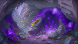 A cave radiating with violet plants and stones