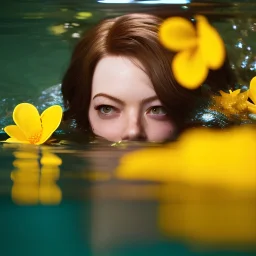 Emma Stone underwater with yellow flowers for hair, closed eyes, rtx, reflection, 8k, glow, winning photography, caustics