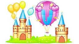 Illustration of a balloon castle, this castle is the party decoration factory. detailed illustration. Children book style.