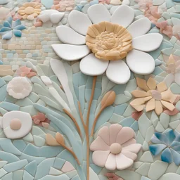 Floral mosaic collage made from pieces of tiles and broken pieces of porceline , soft hues, delicate craftwork. 8k, octane render.