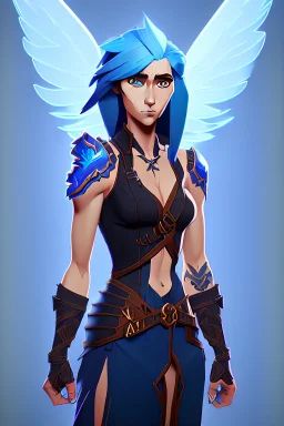 a person in runic armor with blue wings, blue short hair, runic tattoo and spell book