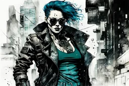 create a negative and juxtaposed ink wash and watercolor illustration of a female cyberpunk private detective with prosthetic arm in flak vest, with highly detailed , sharply defined feminine facial features, in a chaotic, turbulent, otherworldly Tokyo in the graphic novel style of FRANK MILLER, and BILL SIENKIEWICZ, precisely drawn, inked, with dramatic edges, chiaroscuro ,