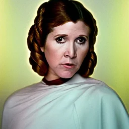 Hyperrealistic, 8k centered photographic portrait of [[Carrie Fisher as Princess Leia in Star Wars]], leica, 35 mm, technicolor, natural colors, telephoto, 24 mm, portrait photo by Annie Leibovitz, film, studio lighting, detailed skin, ultra realistic, bokeh, sharp features