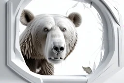 white,background,looking,through,a 3-d, broken,window,with,sharp,edges hole,watching,a,cutew,bear