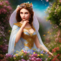 libanese fairy, beautiful portrait, flowery landscape