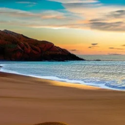 Meer mit Strand und Felsen bei Sonnenuntergang