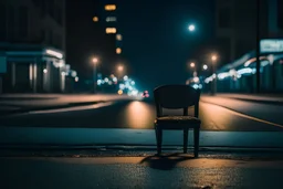 A chair in the middle of night street with a nice view. 8k, sony,sony 50mm 1.4, --ar 16:9