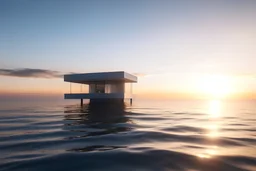 Floating modern house on the infinite calm sea during sunset.