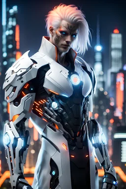 Man with Blonde & White Hair, small face tattoo, glowing orange cybernetic eye, face mask, black cybernetic arm, white open coat, thin silver armor underneath night, city background, high detail, 4k