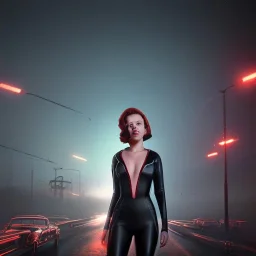 retro sci-fi portrait image from 1960, supermarket parking explosion, fire, classic black widow, young Scarlett Johansson, tight lycra suit, soft color, highly detailed, unreal engine 5, ray tracing, RTX, lumen lighting, ultra detail, volumetric lighting, 3d, finely drawn, high definition, high resolution.