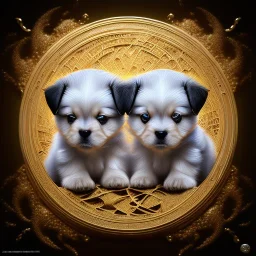 3d cute puppies, beautiful rich, detailed yin and yang symbol, shiny, intricate, gorgeous, ultrafine detail, hyperrealism, trending , sharp focus, intricate details, highly detailed, glowing, glitter, complementary colours