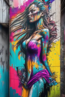 graffiti art on the back side of an abandoned building portraying a female super model posing confidently, 8k, highly detailed, centered, epic composition, graffiti art, splash art, street art, spray paint, oil gouache melting, acrylic, high contrast, colorful polychromatic, ultra detailed, ultra quality, CGSociety